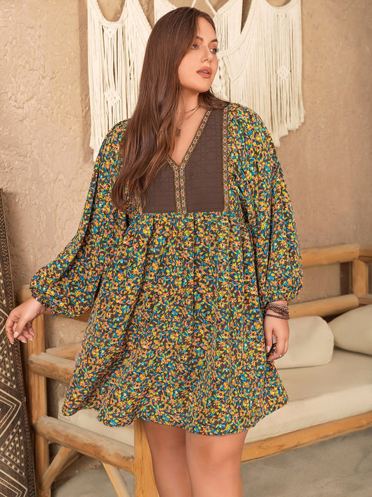 Plus Size V-Neck Balloon Sleeve Printed Mini Dress Yellow-Green