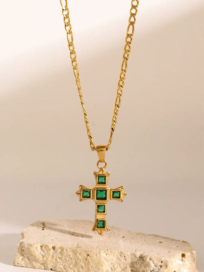 Stainless Steel Zircon Cross Pendant Necklace Green One Size