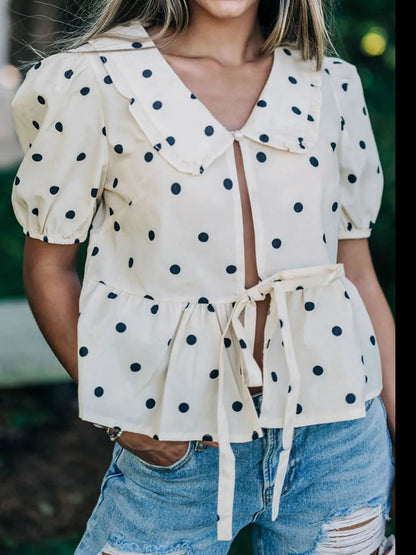 Polka Dot Collared Puff Sleeve Peplum Top