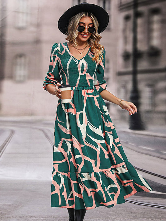Perfee Printed Smocked V-Neck Three-Quarter Sleeve Midi Dress Mid Green