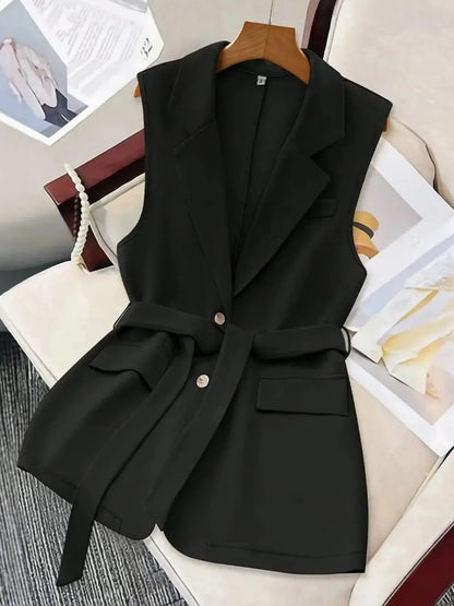 Tie Waist Lapel Collar Sleeveless Blazer Black