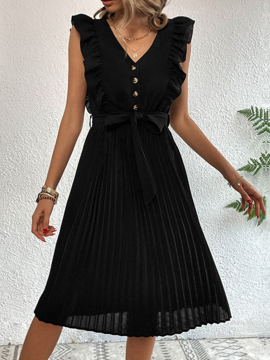 Perfee Buttoned Ruffle Trim Belted Pleated Dress Black