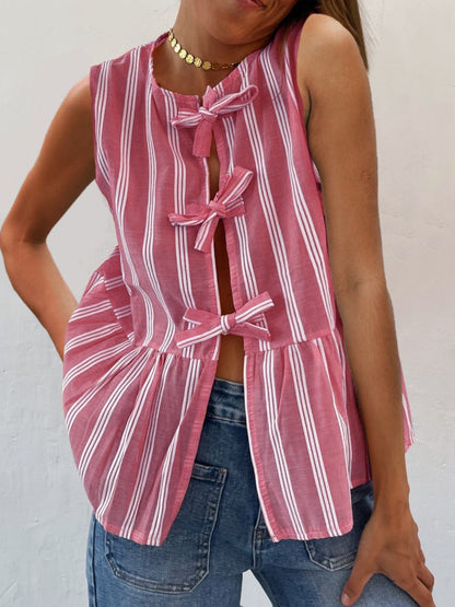 Tied Striped Round Neck Tank Fuchsia Pink