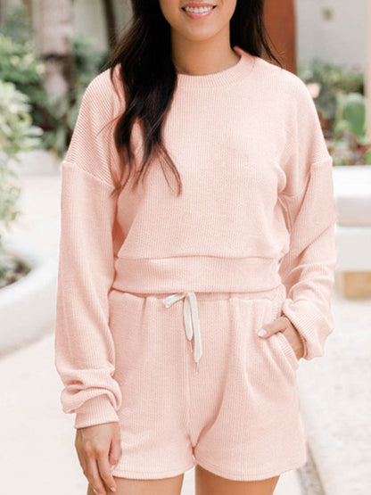 Ribbed Round Neck Long Sleeve Top and Shorts Set Watermelon pink