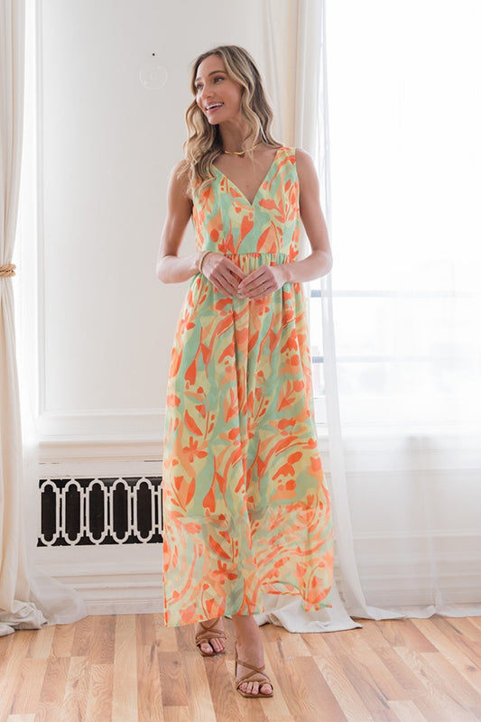 Sew In Love Printed V-Neck Sleeveless Dress LIME ORANGE
