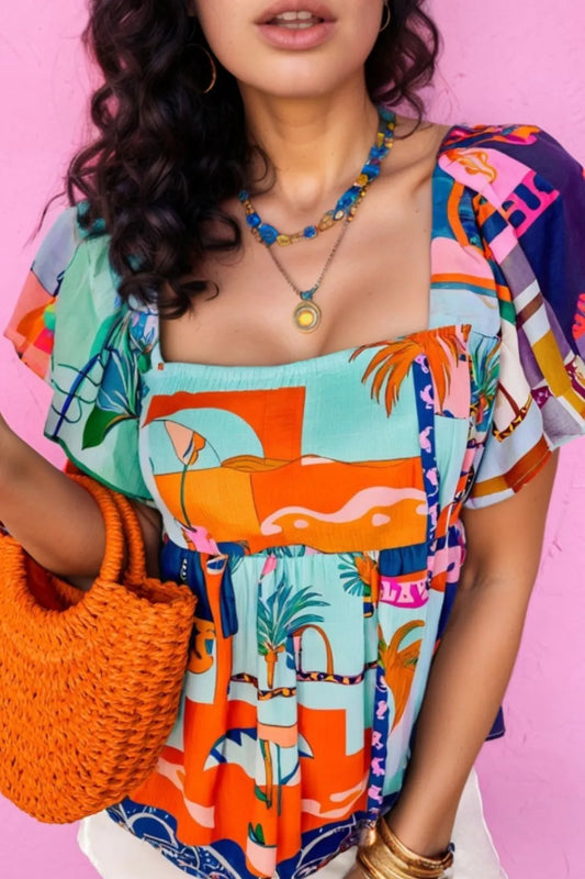 Printed Square Neck Ruffled Short Sleeve Blouse Multicolor