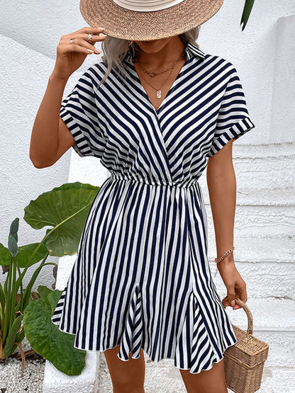 Perfee Striped Johnny Collar Mini Dress Stripe