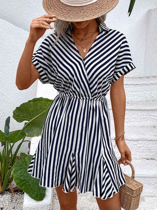 Perfee Striped Johnny Collar Mini Dress Stripe