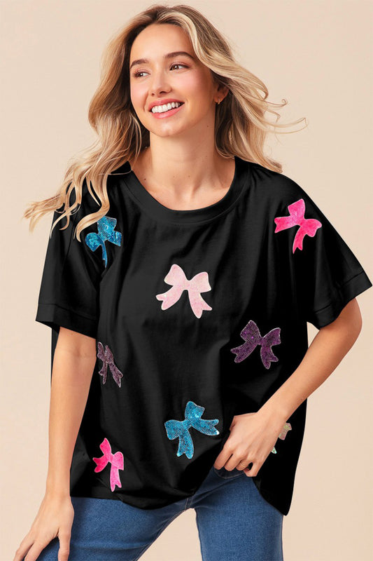 BiBi Sequin Bow Patch Short Sleeve T-Shirt Black