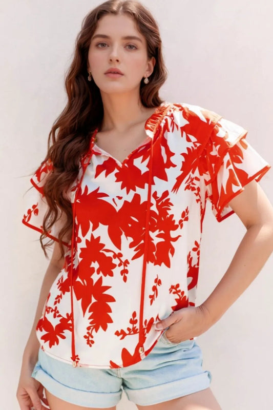 Plant Print Tiered Ruffled Sleeve Tie Neck Blouse Red