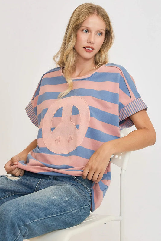 Umgee Peace Sign Patch Striped French Terry T-Shirt Dusty Blue