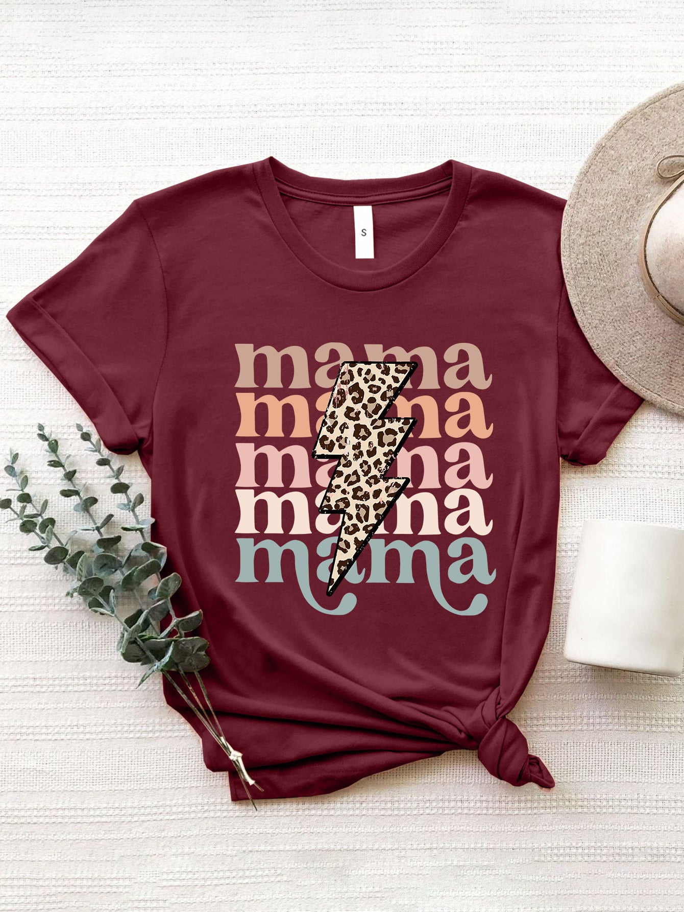 MAMA Round Neck Short Sleeve T-Shirt Burgundy
