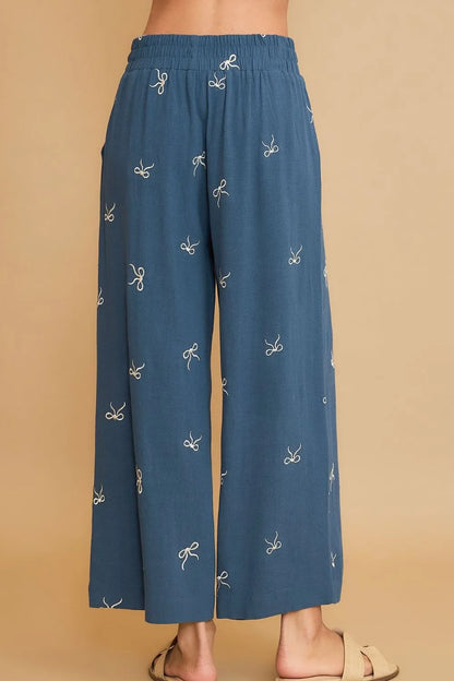 Umgee Full Size Lace Drawstring Embroidered Bow Wide Leg Pants Plus Size