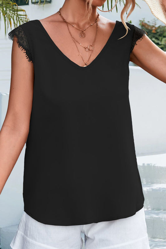 Lace Detail Eyelash Trim V-Neck Tank Black