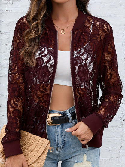 Sheer Lace Zip Up Long Sleeve Jacket Burgundy
