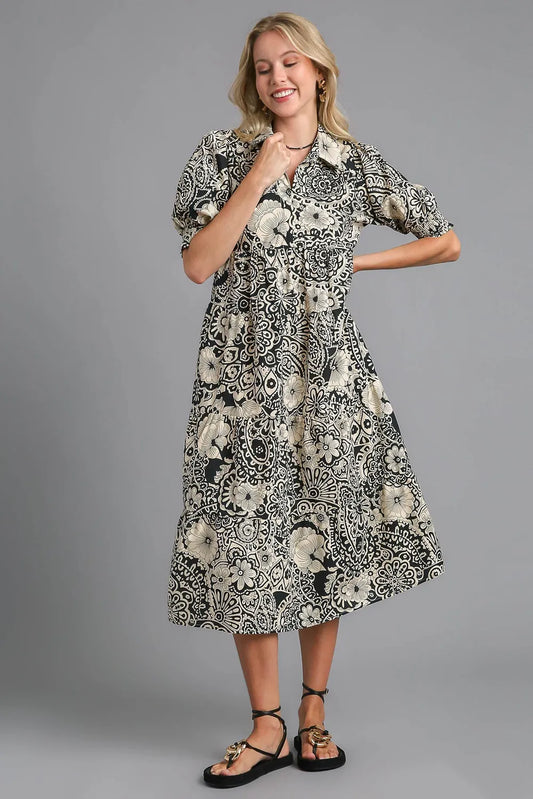 Umgee Full Size Printed Smocked Cuff Puff Sleeve Midi Dress Plus Size Black