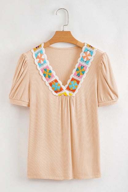 Floral Crochet V Neck Short Sleeve Blouse