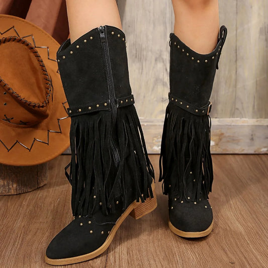 Point Toe Block Heels Boots Black