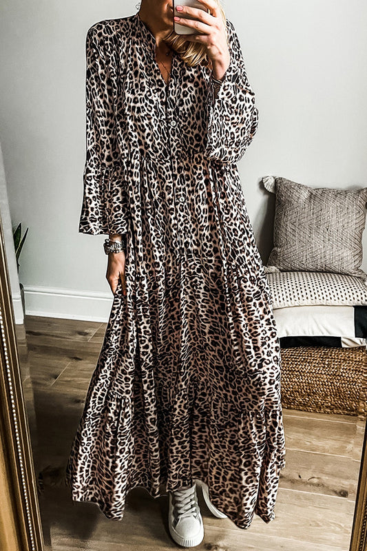 Leopard Notched Long Sleeve Maxi Dress Leopard
