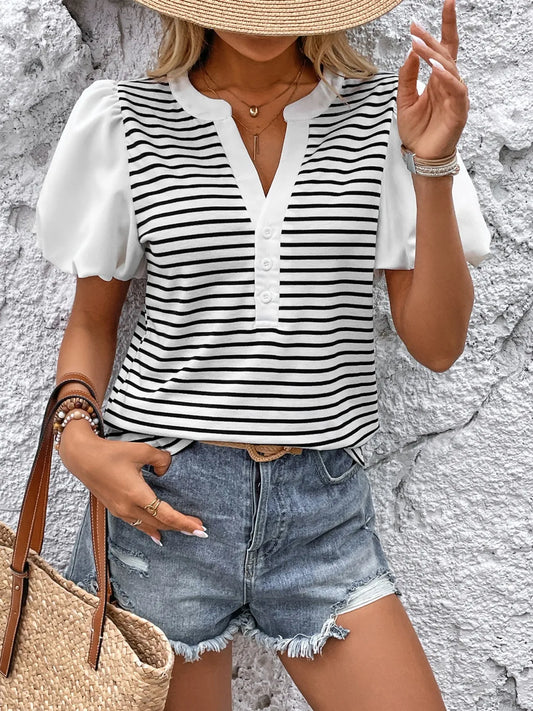Striped Notched Short Sleeve T-Shirt Black White