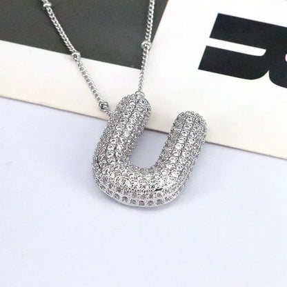 Copper Inlaid Zircon Letter Pendant Necklace Style U One Size