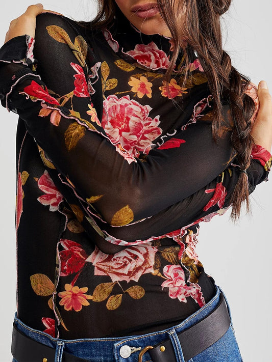 Floral Mock Neck Long Sleeve Top Black