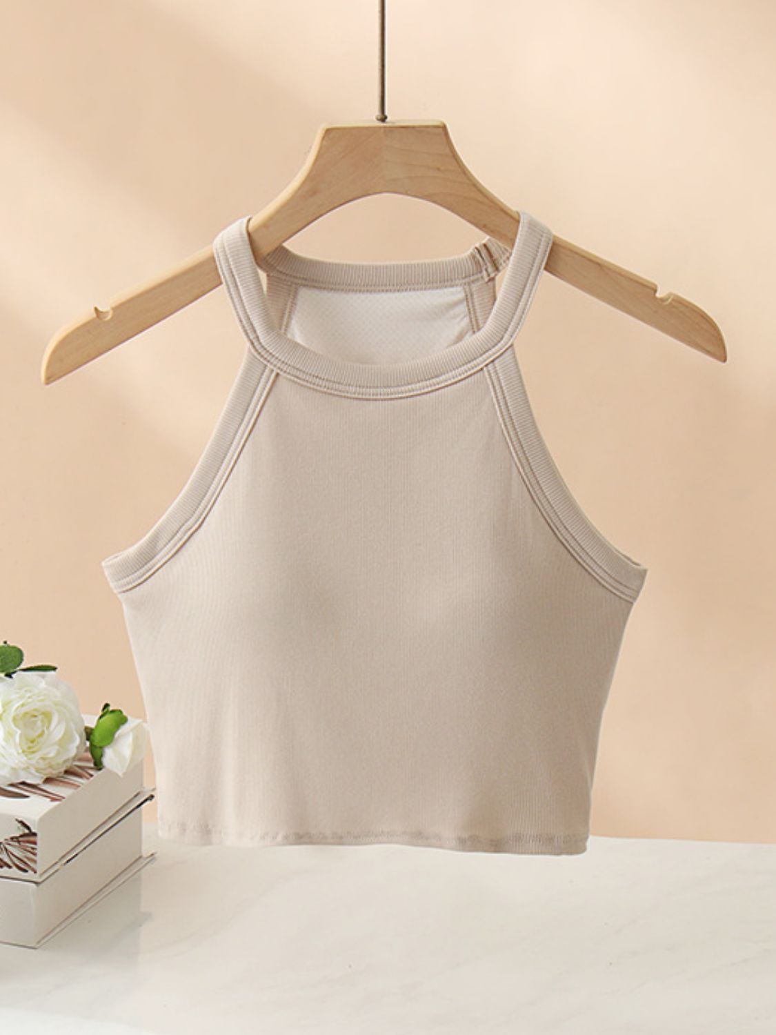 Ribbed Grecian Neck Cropped Tank with Chest Pads Dust Storm