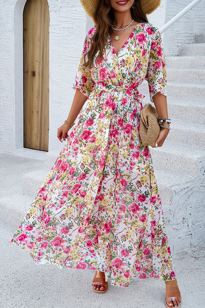 Devine Printed Tied Half Sleeve Slit Dress White