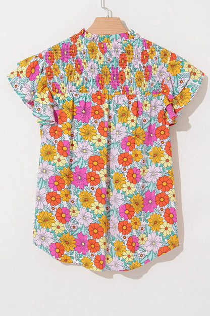 Floral Print Shirred Tiered Ruffled Sleeve Blouse