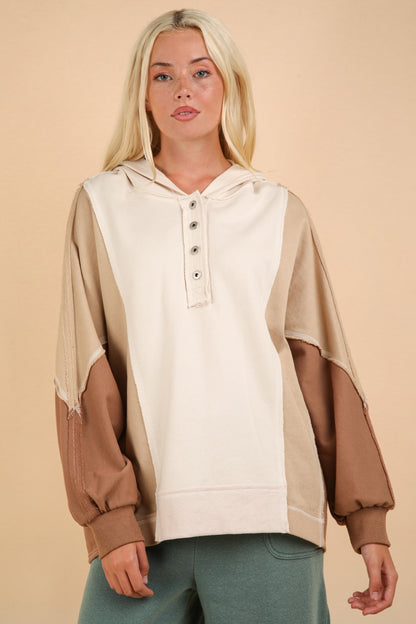 VERY J Exposed Seam Color Block Half Button Hoodie Coconut Milk