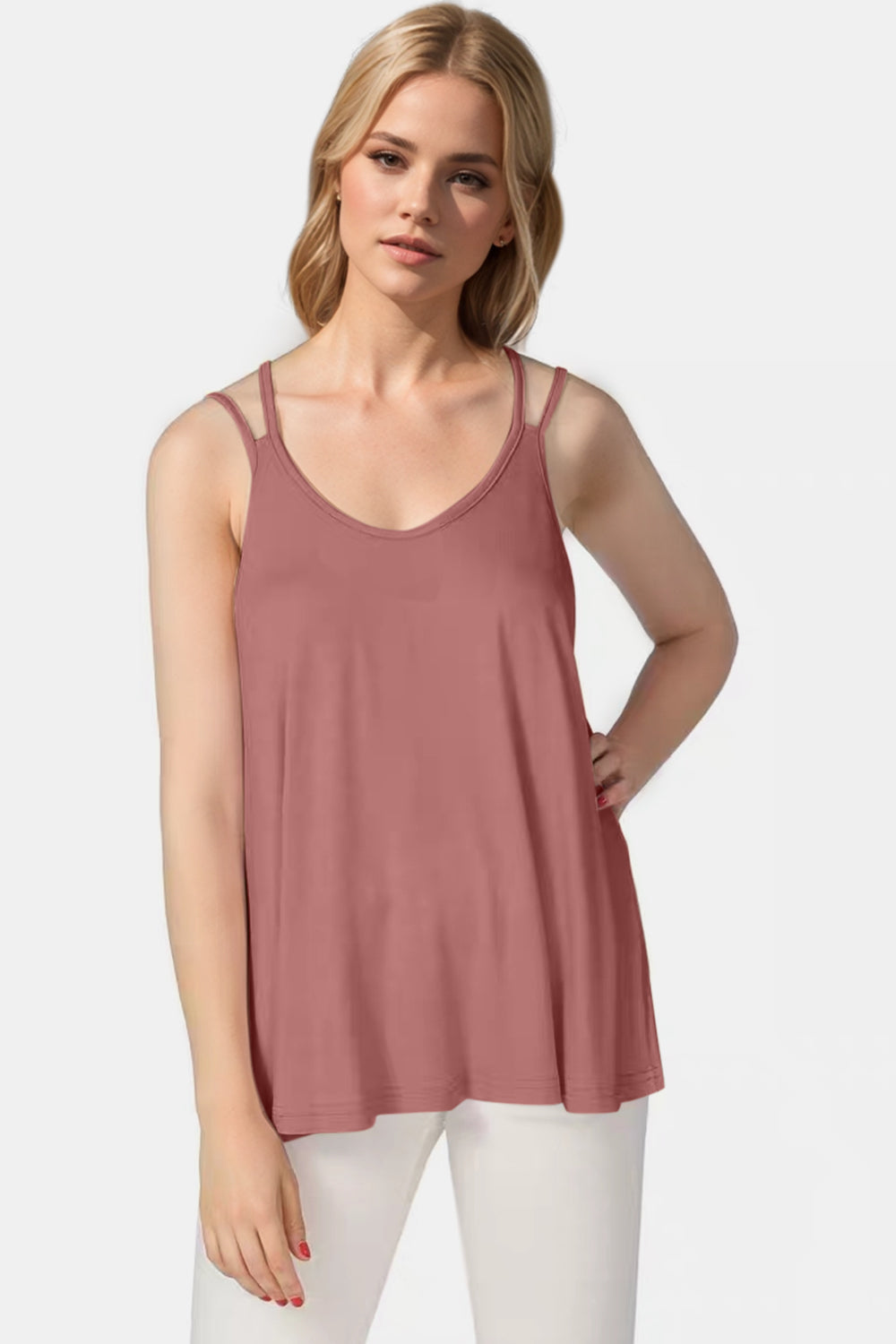 Basic Bae Bamboo Scoop Neck Double Spaghetti Straps Cami Dusty Pink
