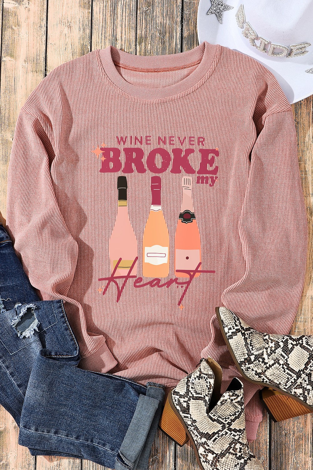 WINE NEVER BROKE MY HEART Round Neck Sweatshirt Blush Pink