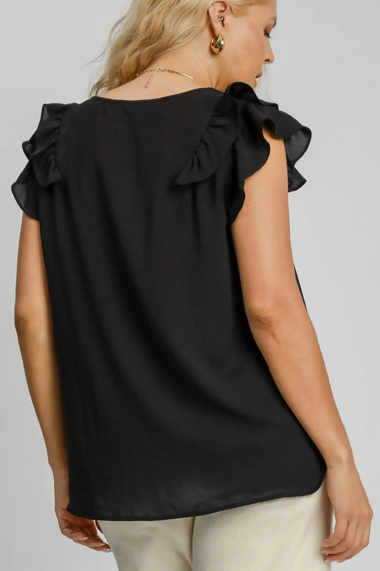 Umgee Full Size V-Neck Double Layered Ruffle Sleeve Blouse Plus Size