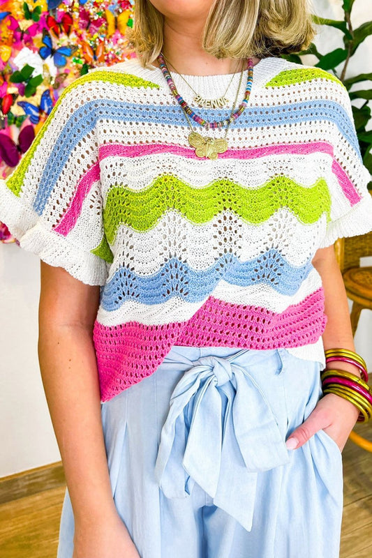 Color Block Crochet Ruffled Short Sleeve Knit Top Stripe