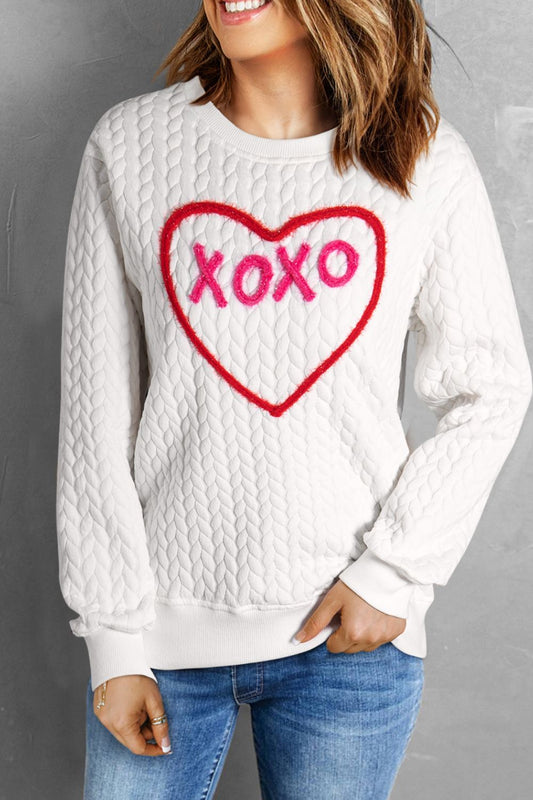 XOXO Heart Round Neck Dropped Shoulder Sweatshirt White