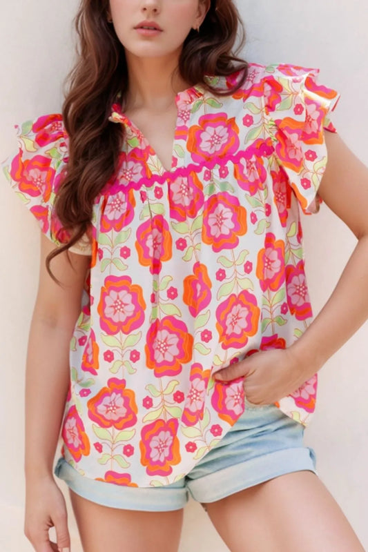 Floral Ruffled Sleeve Ric-Rac Trim Split Neck Loose Blouse Floral