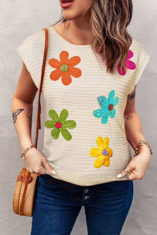 Flower Round Neck Cap Sleeve Knit Top Tan