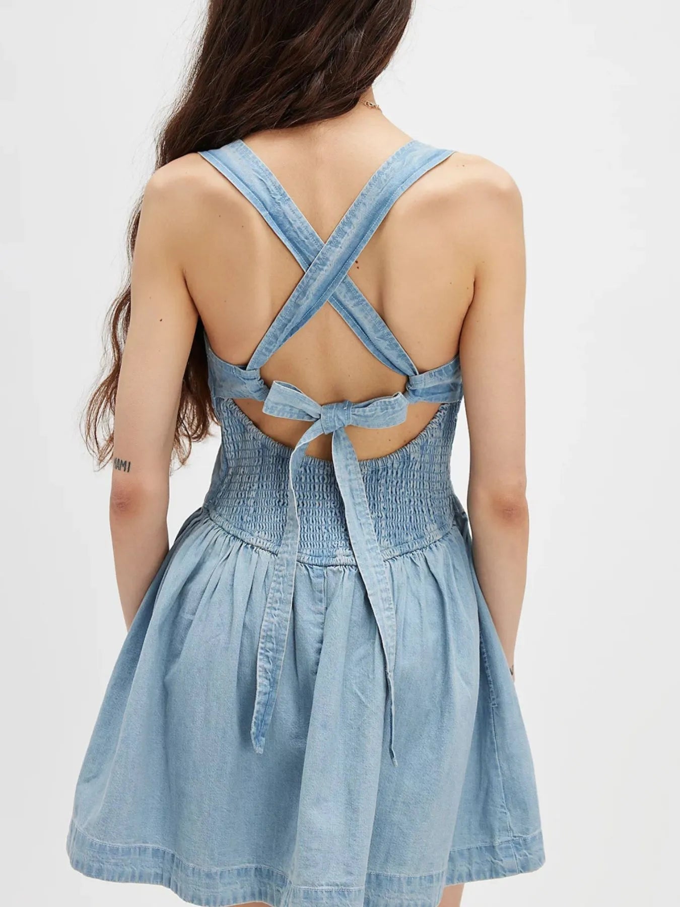 Smocked Crisscross Back Denim Mini Dress