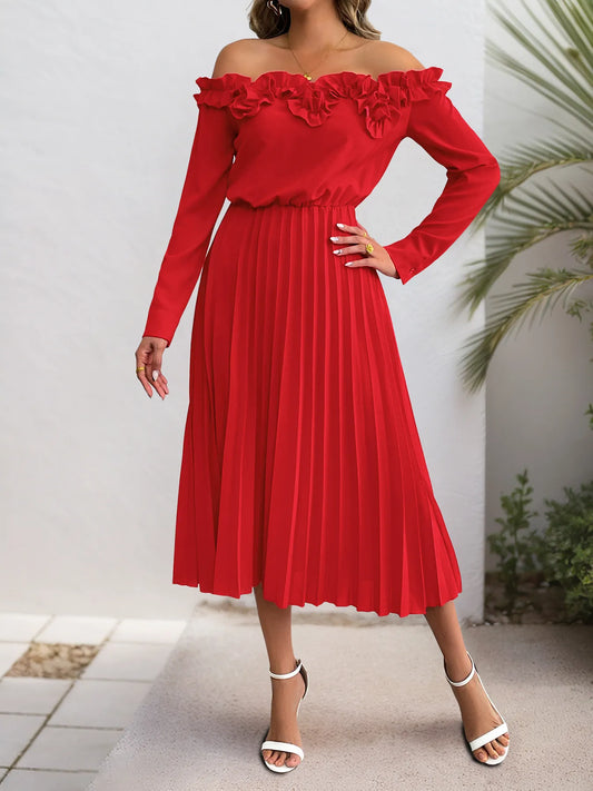 Off-Shoulder Ruffle Pleated Midi Dress Red