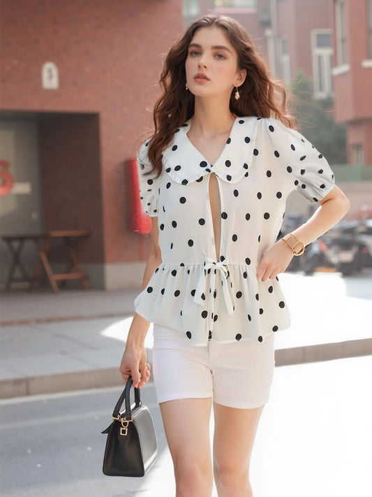 Polka Dot Collared Puff Sleeve Peplum Top Dot