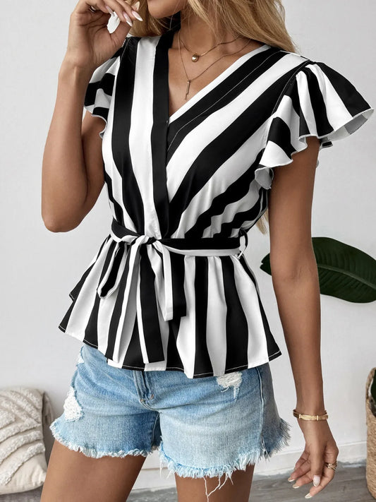 Striped Surplice Flutter Sleeve Wrap Blouse