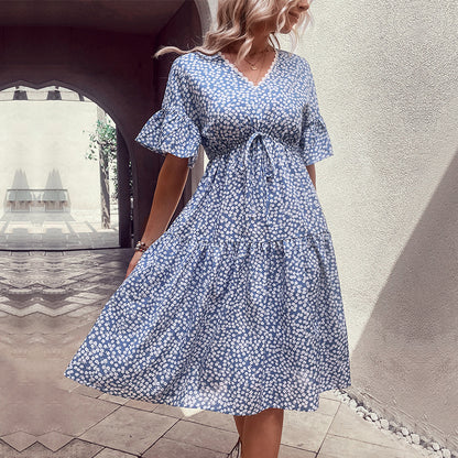 Perfee Floral Flounce Sleeve V-Neck Dress Light Blue M