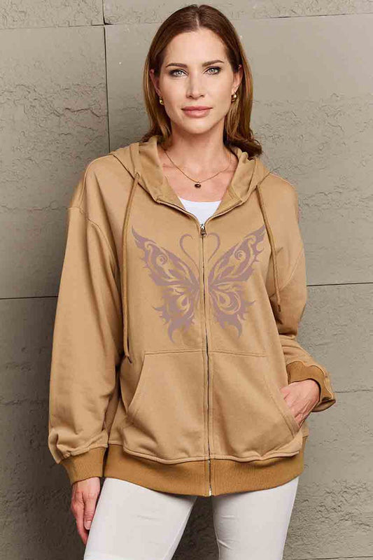 Simply Love Full Size Butterfly Graphic Hoodie Mocha
