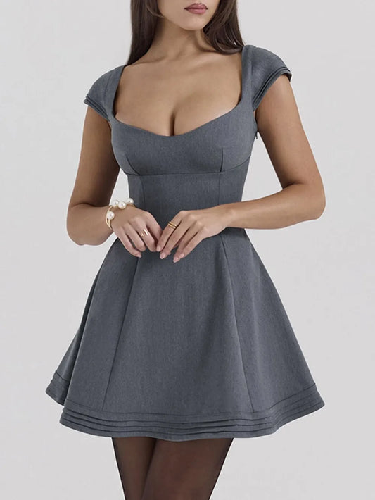 Devine Lace-Up Sweetheart Neck Cap Sleeve Mini Dress Gray