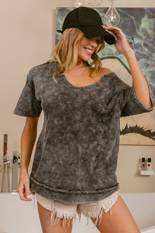 BiBi Washed Notched Short Sleeve Top Black Charcoal