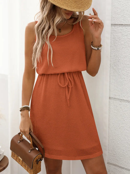 Waffle-Knit Drawstring Mini Tank Dress Terracotta
