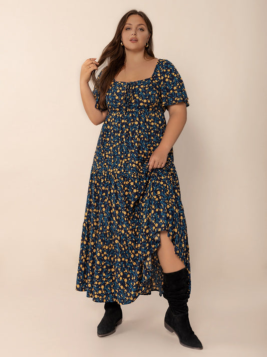 Plus Size Printed Short Sleeve Slit Tiered Maxi Dress Black