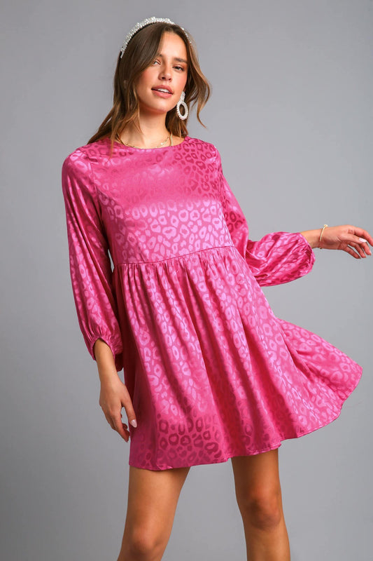 Umgee Full Size Animal Jacquard Print Long Sleeve Dress Plus Size Hot Pink