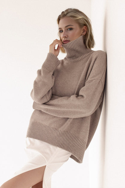 Basic Bae Turtleneck Dropped Shoulder Long Sleeve Sweater Taupe One Size