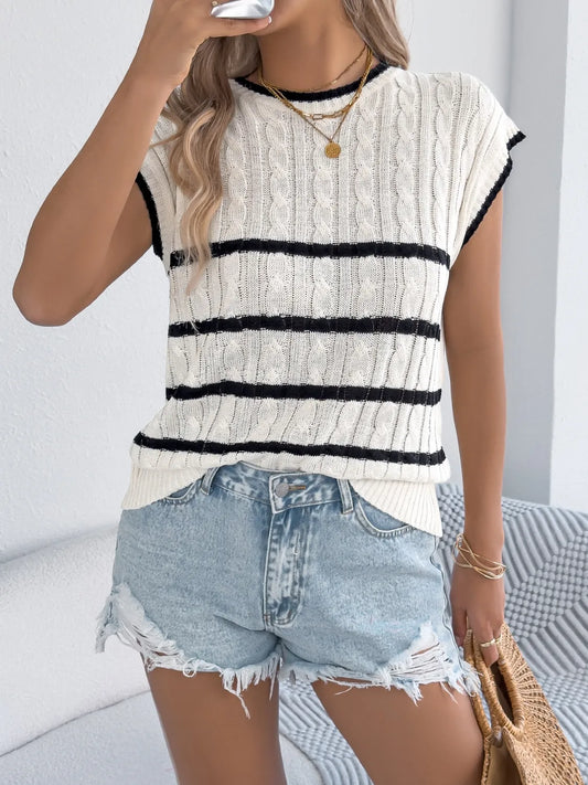 Cable-Knit Striped Round Neck Knit Top White